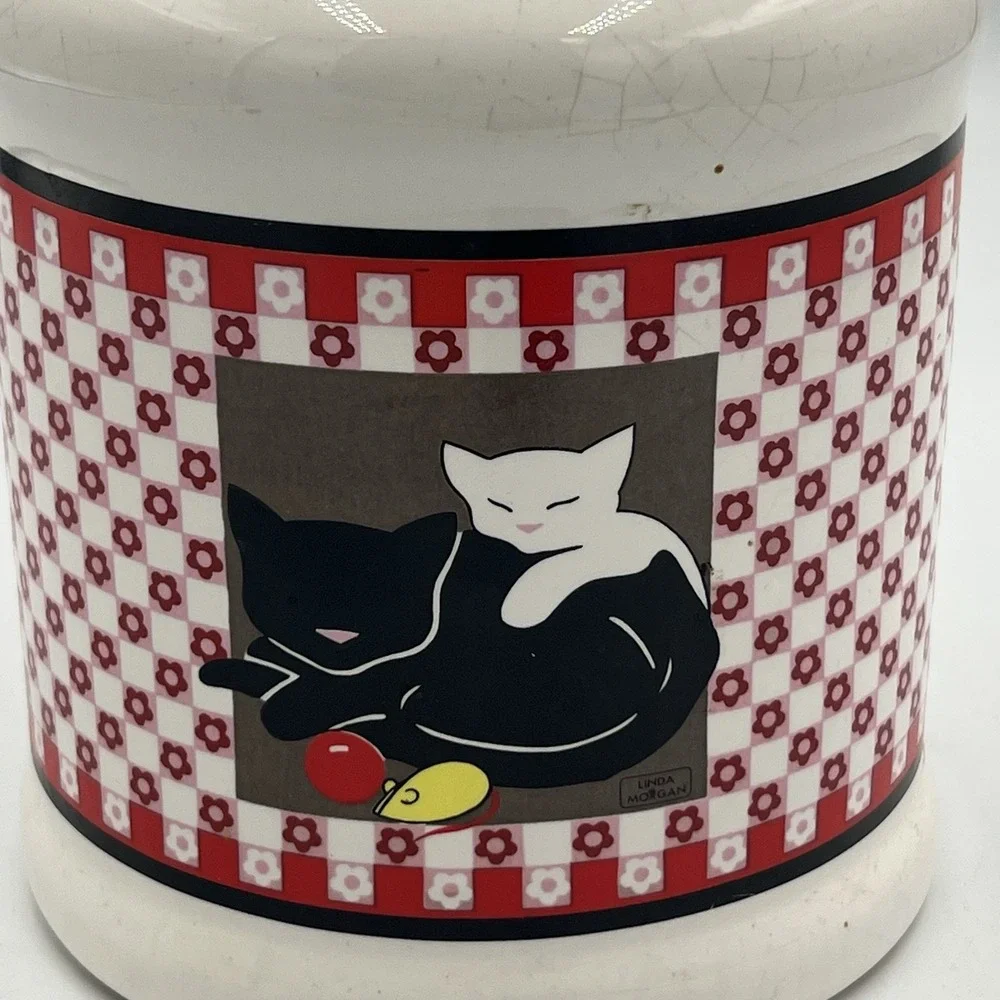 Vintage White Black Red Checkered Jar Jug Canister With Cats Linda Morgan‎ Japan